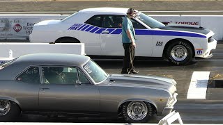 Chevy Nova vs Challenger Drag Pack and Hellcat - old vs new school drag racing