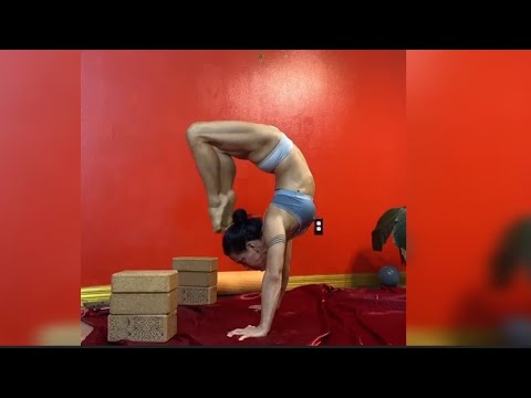 How to do middle splits stretching and headstand variation using brick wall advanced yoga practice