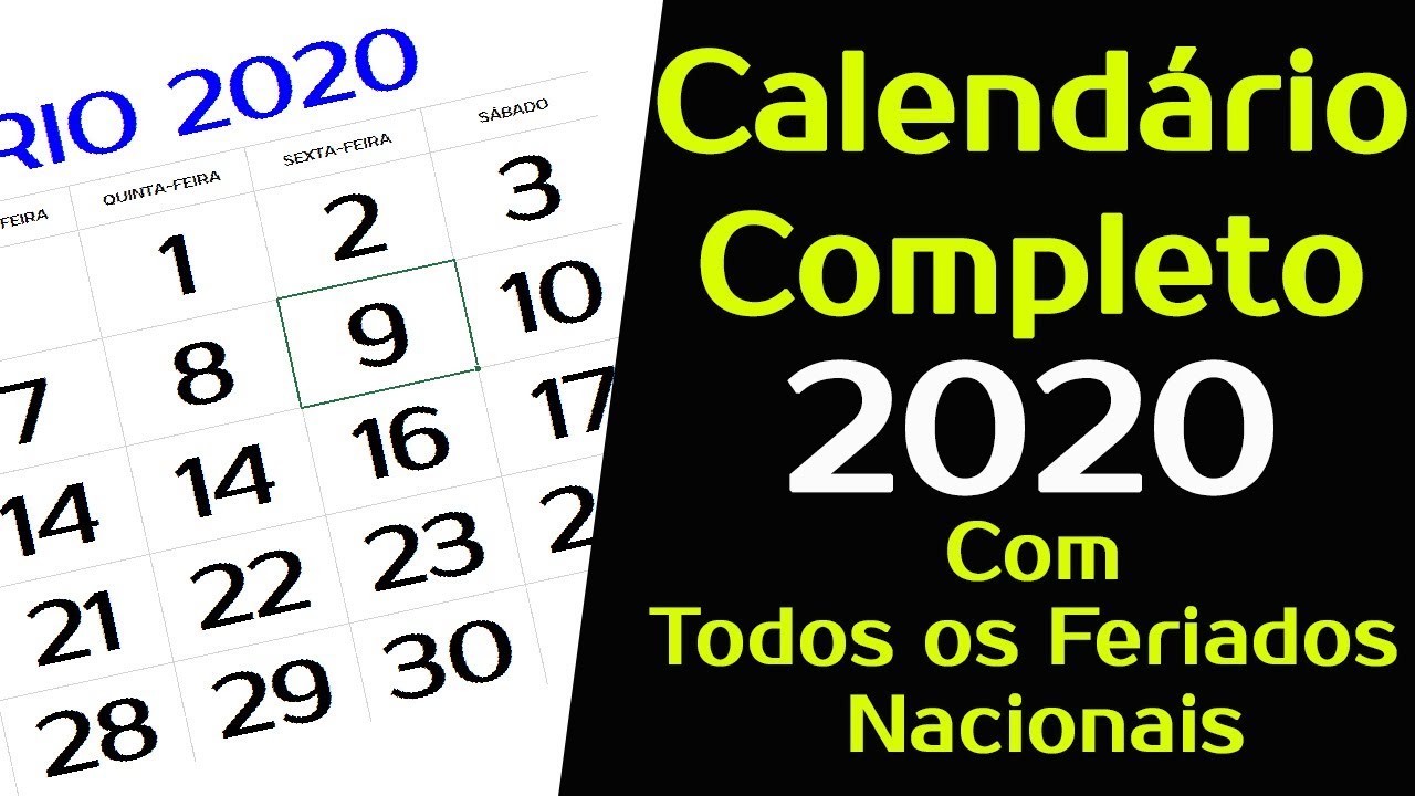 CALENDÁRIO 2020 COM TODOS OS FERIADOS NACIONAIS (Completo)
