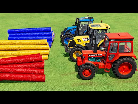 VOLVO vs CLAAAS vs VALTRA TRACTORS! COLORED WOOD TRANSPORT TO HIGH GARAGE!  Farming Simulator 22