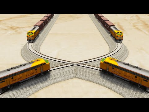 Impossible Weird Overlapping Rail Tracks Vs Trains Crossing - BeamNG.Drive