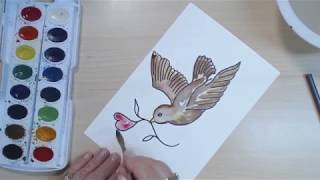 How to Draw & Paint a Bird Flying - Easy - Delivering a Heart - Watercolor