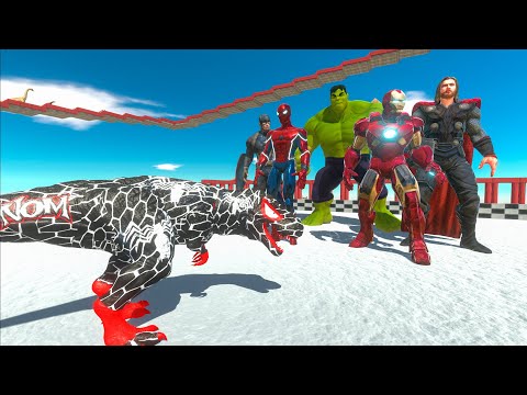 VENOM T-REX DEATH FALL HUNTING AVENGERS HULK SPIDER-MAN IRONMAN CAPTAIN - JURASSIC WORLD EVOLUTION