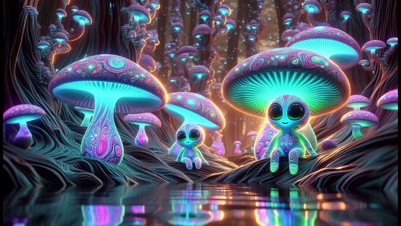 Cafe Music with A Glowing Mushroom Cave with Aliens Wallpaper / Background