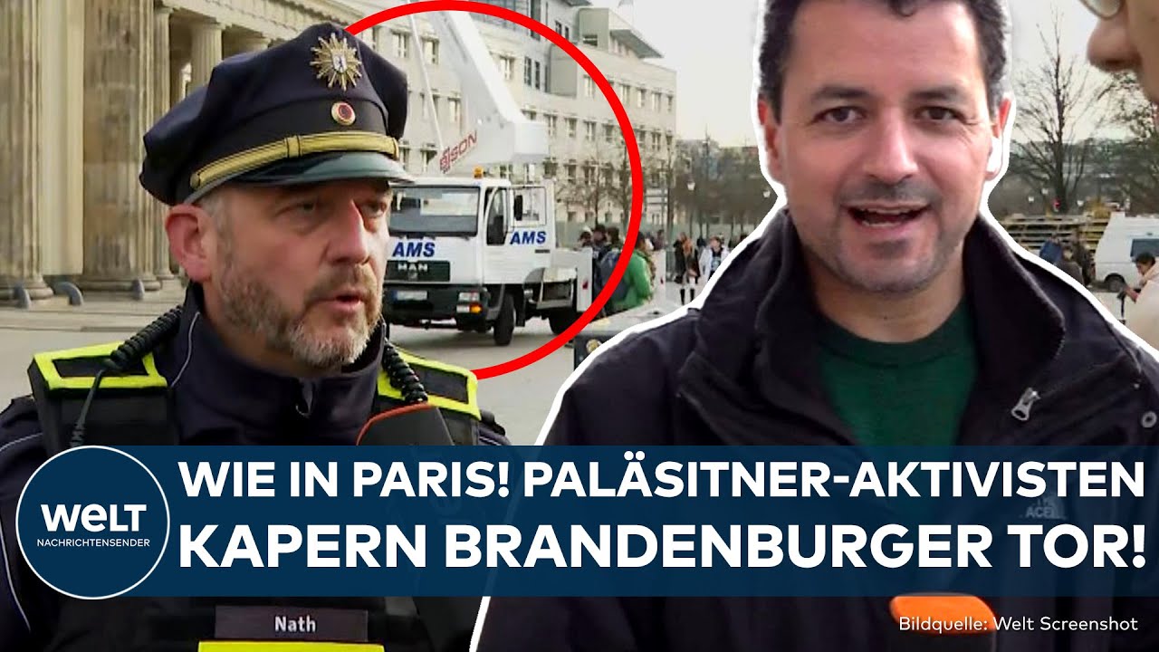 BERLIN: Propalästinensische Aktivisten gelangen aufs Brandenburger Tor – Polizei greift ein!