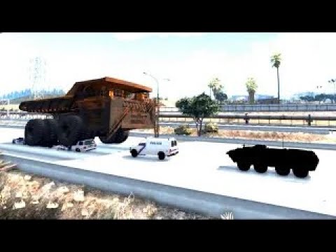 Huge quarry dump truck BelAZ-75710 vs police cars and armored personnel carrier - BeamNG.Drive