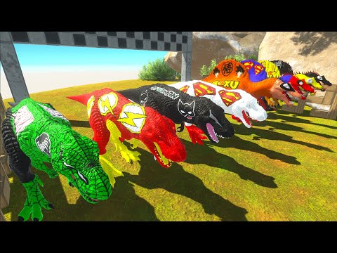 4 Spiderman vs 4 Superman T-rex Spino Death Run - Animal Revolt Battle Simulator