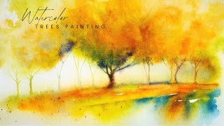 Peaceful Autumn Trees painting | Watercolor Landscape for Relaxation