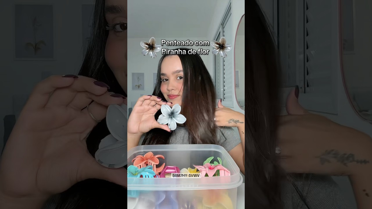 Penteado com piranha de flor!🩶Qual será a próxima cor? #penteados #penteadosimples  #layseflorencio