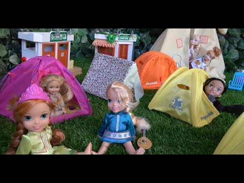 Elsa and Anna toddlers go camping with My little Pony, Chelsea, Jasmin, Stacey and Barbie