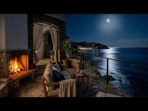 Moonlit Italian Riviera Terrace to Sleep, Relax, Focus 😴🇮🇹🌊 (Sea Breeze, Cricket, Fireplace Sound)