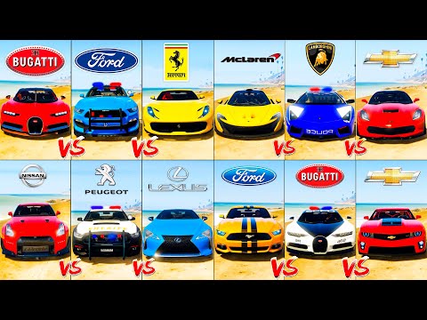 Bugatti Chiron vs Police Lambo vs Ford Mustang vs Nissan GTR - All GTA 5 Super Cars Comparison