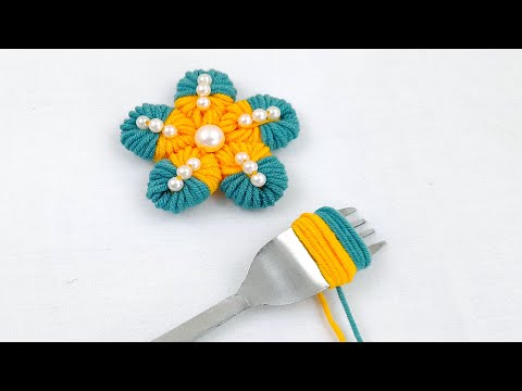 Hand Embroidery Amazing Flower Design -  Superb Woolen Flower Making Trick Using Fork