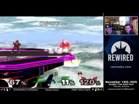 Rewired 2016 Melee Doubles Winners Semis - G2|Westballz & U4X|Gahtzu (Red) vs Kira & Squid (Green)