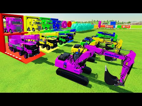 MENGANGKUT EXCAVATOR PC-210 WARNA-WARNI, TRUK CRANE SCANIA KE GARASI DENGAN TRUK TRAILER FLATBED