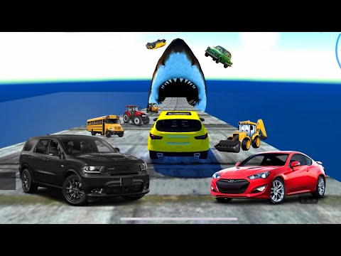 Beamng Drive - Cars Jump into Scary Sharks - Fun Stunts Jumps Crash Compilation | Beamng | Tractor