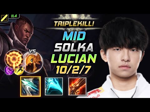 SOLKA Lucian MID vs Azir - 솔카 미드 루시안 템트리 룬 돌풍 집공 ルシアン Люциан 圣枪游侠 路西恩 - LOL KR 11.4
