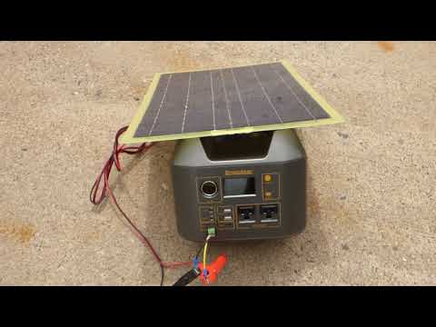 Charging Enginestar portable power station with 20W solar panel on overcast day by Electronzap