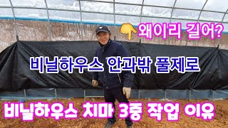 비닐하우스 안과밖 풀,잡초를 0 으로 만들기 위한 3중 치마비닐작업 비닐하우스 짓기,시공 제초매트,부직포,비…