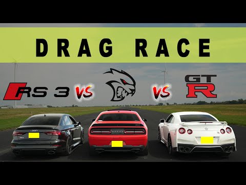 Tuned Audi RS3 takes on 2018 Nissan GTR R35 and Challenger Hellcat, can it win? Drag & Roll Race.