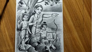 how to draw sita mata with luv and kush ,easy pencil sketch scenery drawing,how to draw mother &amp; son