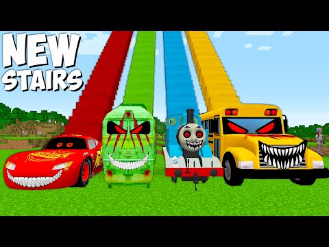 What is the HIGHEST STAIRCASE School BUS MCQUEEN EXE AND THOMAS EXE SCARY METRO TRAIN in Minecraft