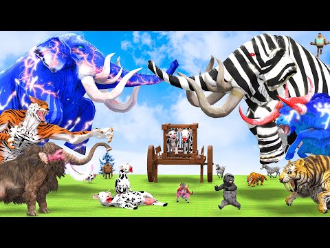 5 Giant Mammoth Elephant Cow vs 5 Zombie Tiger Wolf Lion vs Zebra  Fight Cow Save by Woolly Mammoth