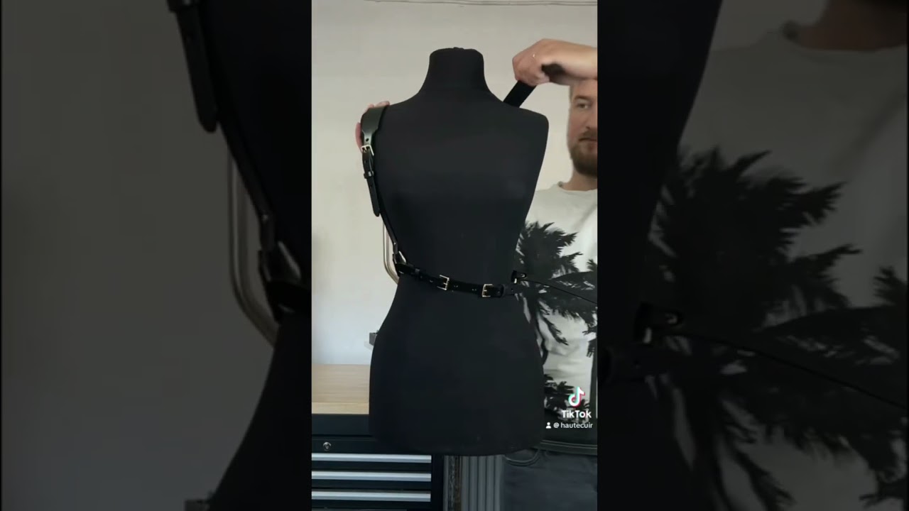 Tara Chained Leather Harness made in black leather and gold hardware #leatherharness #styleshorts