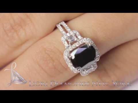 BDR-208 - 3.31 Carat Pave Halo Cushion Cut Natural Black Diamond Ring 14k White Gold