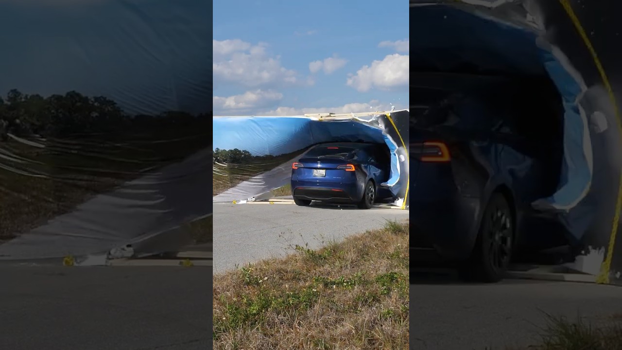Tesla crashes into Wile E. Coyote wall #experiment #tesla #crash