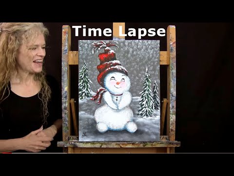 TIME LAPSE - Learn How to Paint CUTEST SNOWMAN #2 with Acrylic - Fun Winter Step by Step Tutorial