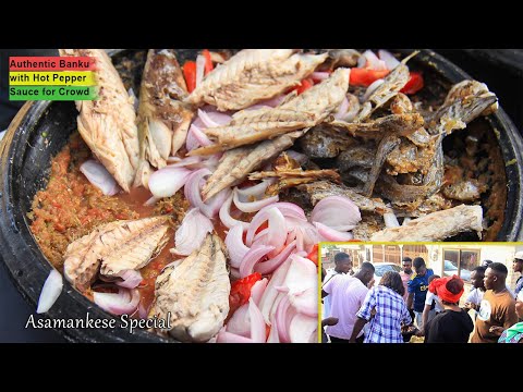 Easy Ghanaian Banku with Red Shito (Everyday Pepper Sauce) with assorted fried fish at Asamankese