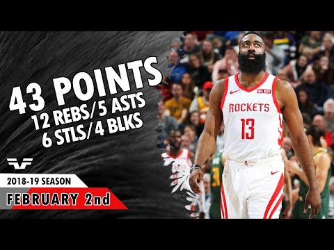 James Harden - 2019.02.02 - Rockets vs Jazz - 43 Pts, 12 Rebs, 5 Asts, 6 Stls, 4 Blks