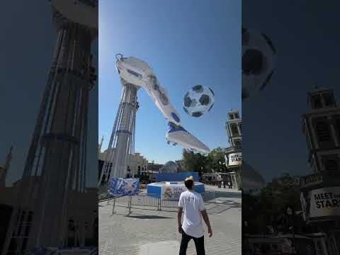Dare to ride the XXL Football Launcher? @realmadridworld ⚽🦿#Dubai #RealMadridWorld #HalaMadrid