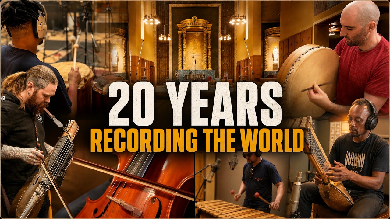 Musicians recording a hardanger fiddle, frame drum and marimba on location