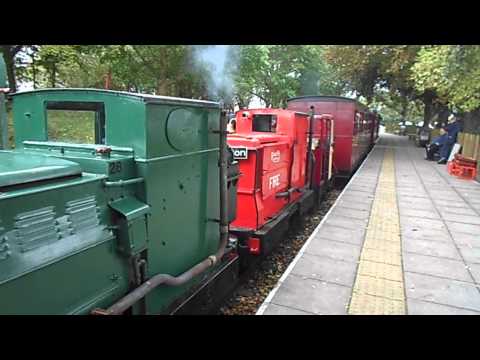 Triple headed train departs on the Leighton Buzzard Railway 30th sep 2012