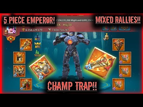 Lords mobile- 5 PIECE EMPEROR VS MYTHIC CHAMP RALLY TRAP! LaF bx7 DoY RALLY party k1015
