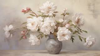 Free Vintage Frame TV Art White Peonies Still Life Tv Screensaver Wallpaper Floral Oil Painting