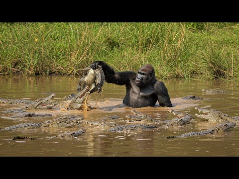 Gorilla at the Middle of River to Attack on a crocodile