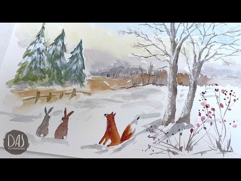 Easy Winter Landscape with Fox and Rabbits for Beginners - PLUS How to Paint Snowy Trees Two Ways