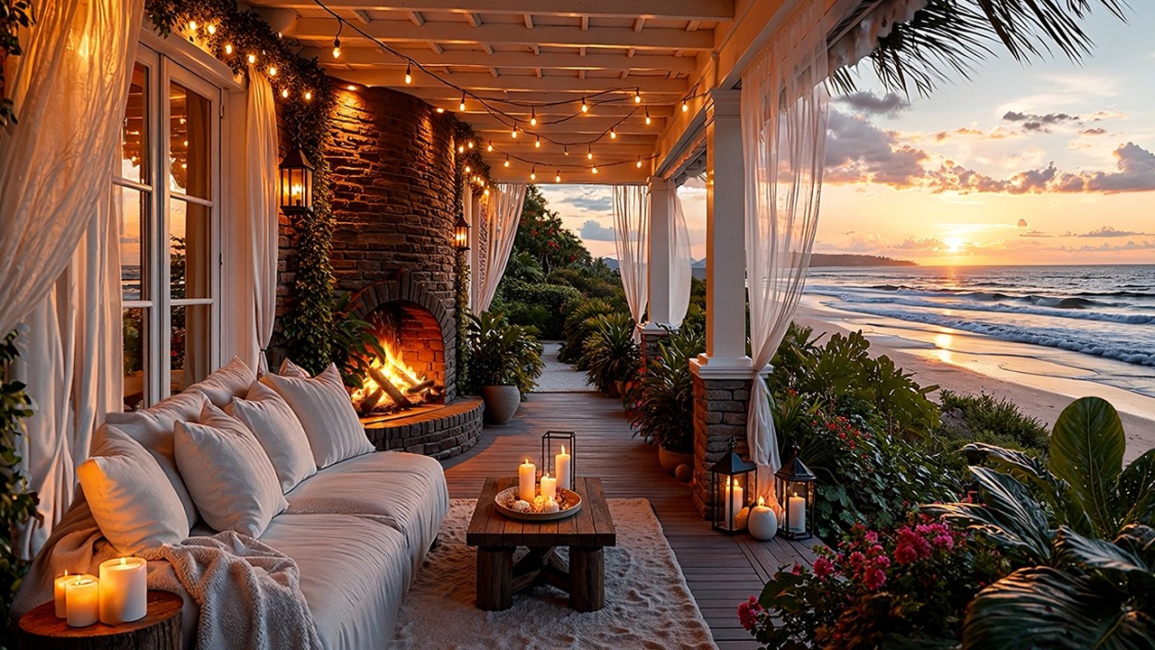Cozy Coastal Evening 🌊🔥 Fireplace, Ocean Waves & Birdsong for Deep Sleep & Relaxation