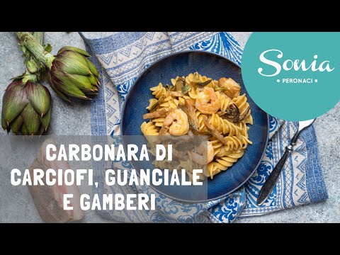 Carbonara di carciofi, guanciale e gamberi