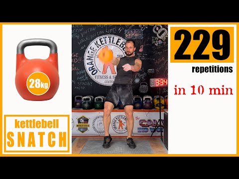 229 reps SNATCH 28kg kettlebell in 10min by Denis Vasilev