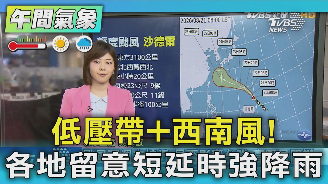 天氣/低壓帶+西南風! 各地留意短延時強降雨｜氣象主播 吳姝叡｜午間氣象｜TVBS新聞20260821 @TVBSNEWS01