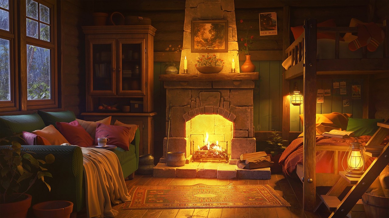 Fireplace & Rain Sounds in a Wooden Cabin | White Noise Ambience for Sleeping