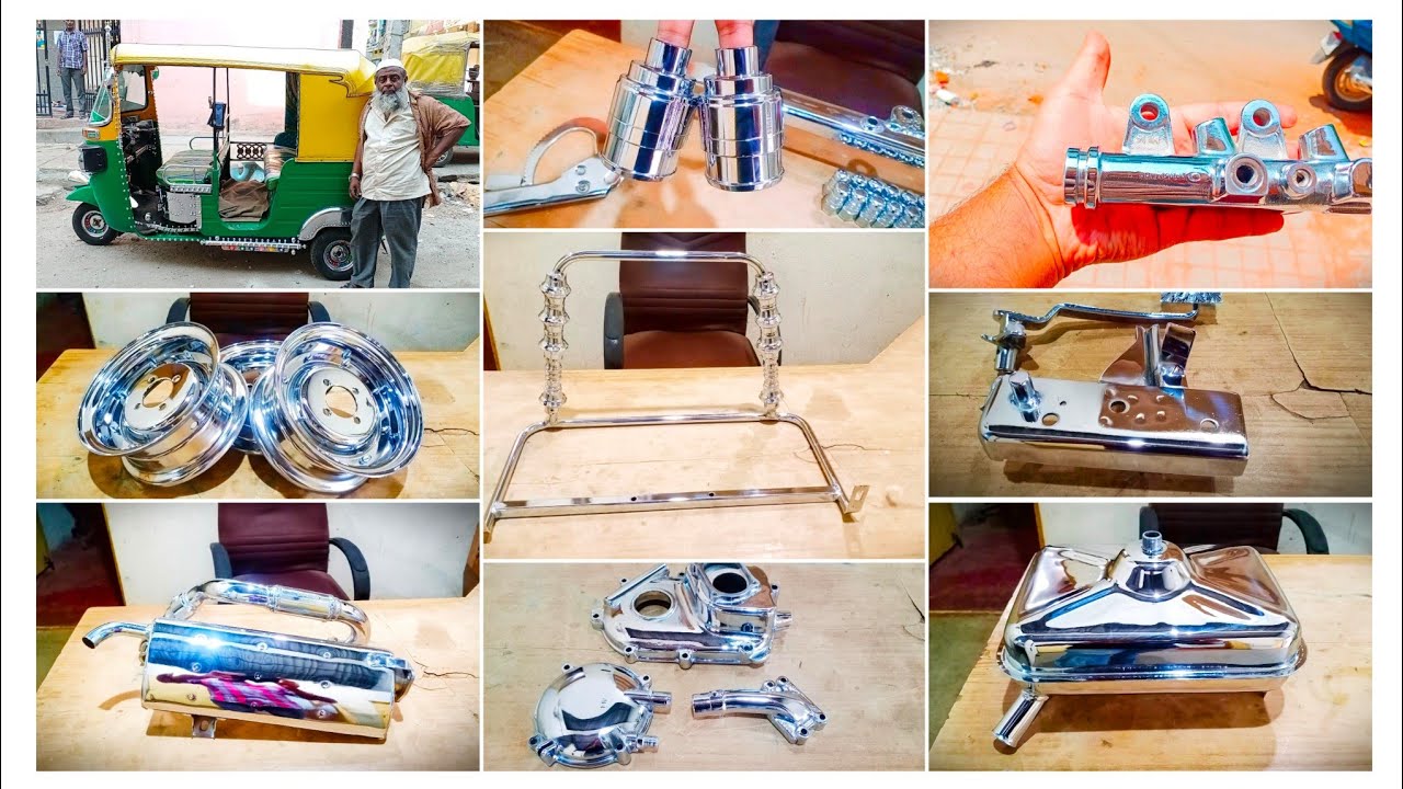 Bajaj Auto rickshaw All parts chrome || wheel disk, side beading, master break, silencer,auto engine