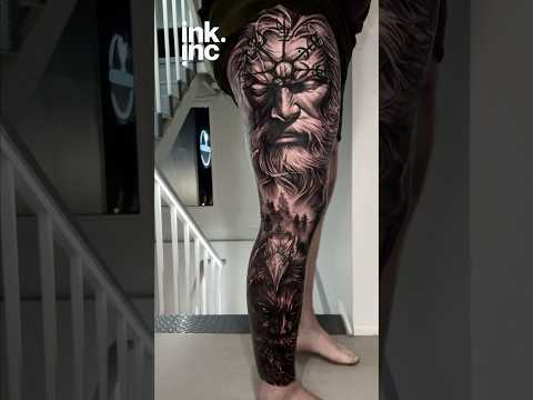 Odin & Fenrir Leg Sleeve Tattoo | Realistic Norse Blackwork #tattoo #wolftattoo