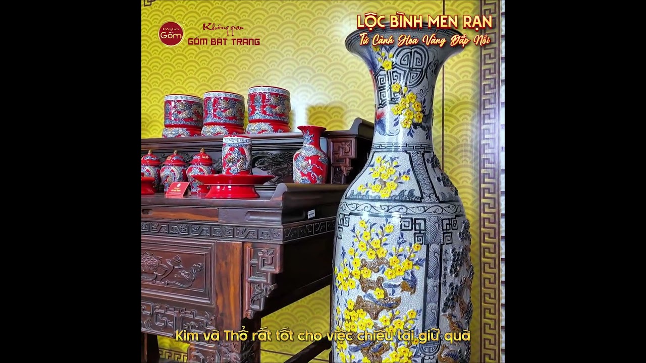 Lộc Bình Men Rạn Tứ Cảnh Hoa Vàng Đắp Nổi