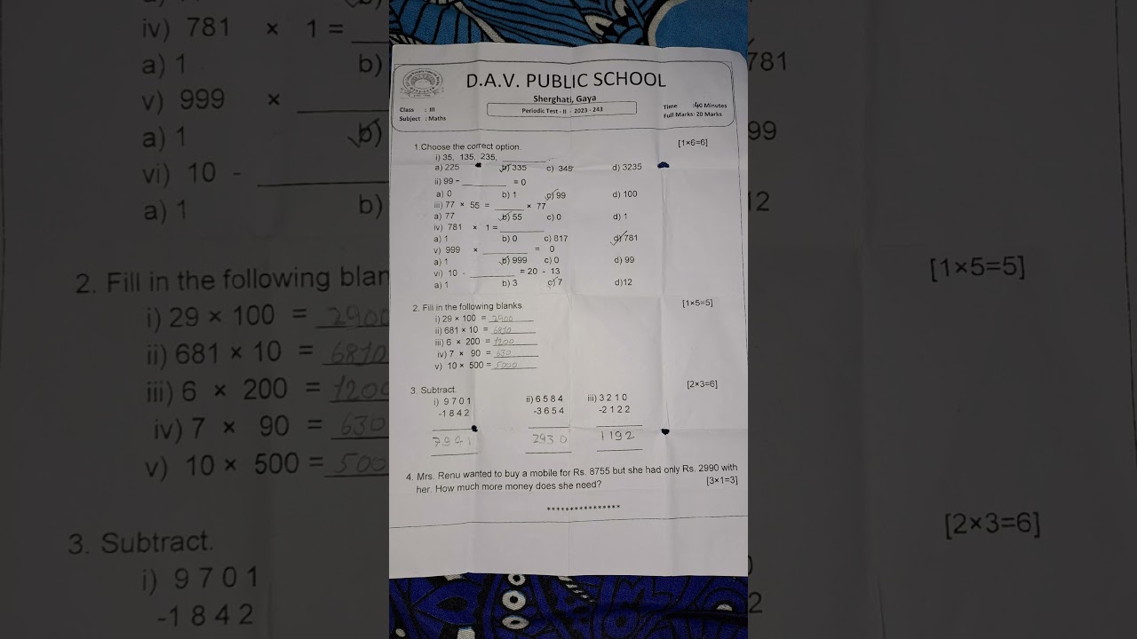 DAV class 3 Subject Maths Question paper of PT-2 2023-24 #viralshorts2023
