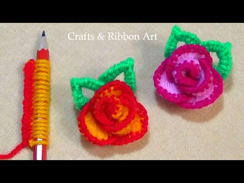 Super Easy Woolen Rose Making Ideas with Pencil - DIY Woolen Flower -Hand Embroidery Amazing Trick